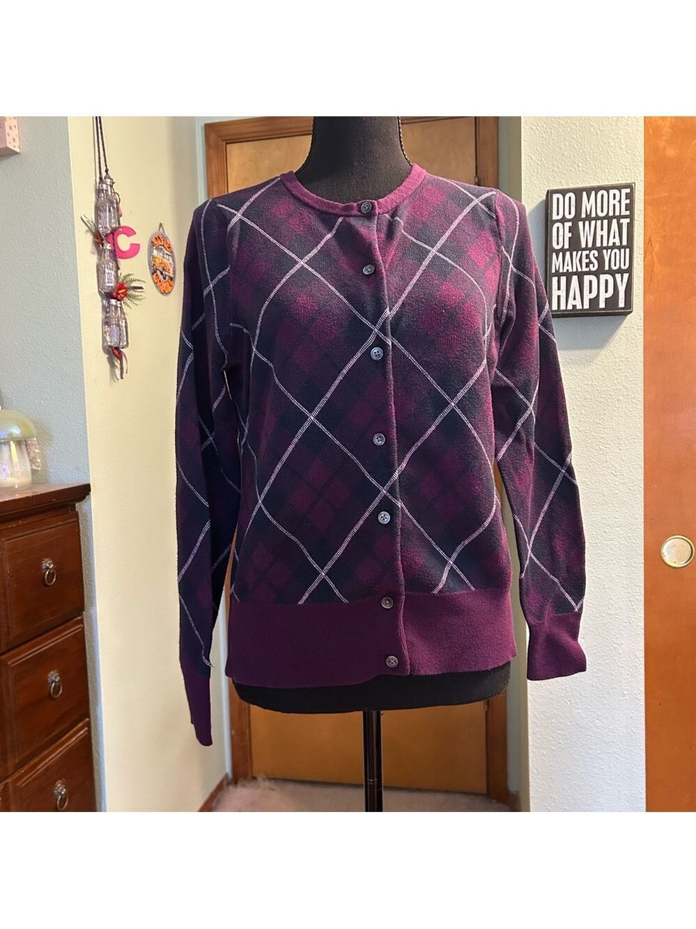 Land’s End purple argyle long sleeve sweater cardigan button up size M/P
